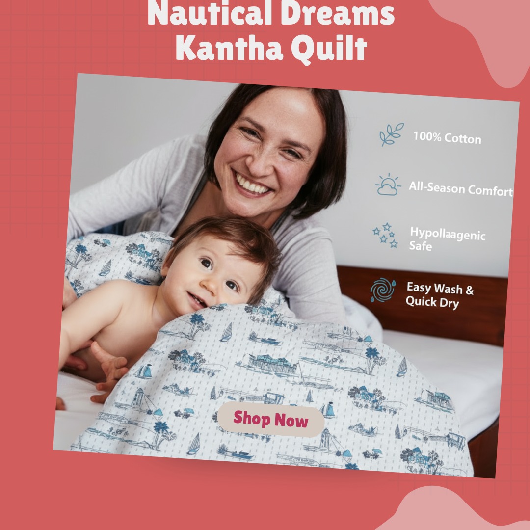 Handcrafted comfort, straight from a mother’s heart 💙Our Nautical Dreams Kantha Quilt isn’t just a blanket - it’s a story stitched with love, care, and countless gentle hands.
Each tiny Kantha stitch is made by skilled artisans, giving it that soft, soulful texture that feels amazing to touch and even better to snuggle in.Made with 💯% cotton, it keeps your baby cozy in every season - light and breathable in summer, warm and snug in winter.✨ Handcrafted Kantha Work
🌿 100% Cotton
🌤 All-Season Comfort
💫 Hypoallergenic & Safe
🌀 Easy Wash & Quick DryPersonalise it with your baby’s name because every cuddle deserves its own story.#kanthastitch #organiccotton #babyquilt
#motherhoodinspired