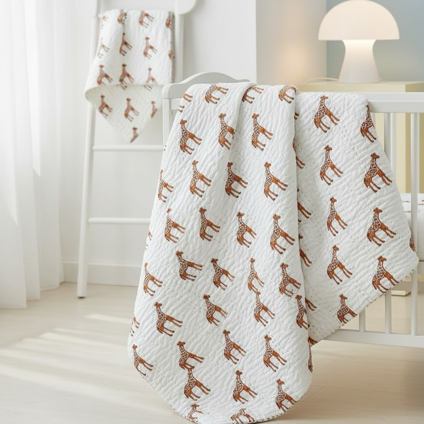 Tall in dreams, soft in touch 🦒✨Our Giraffe Kantha Comforter is a little piece of art hand-stitched by mothers, for mothers.
Crafted in 100% cotton, it’s light, breathable, and snuggles your baby just right through every season.Because comfort should feel like a warm hug - soft, safe, and made with love.From one mom to another 🤍
🌿 Explore handcrafted comforters - link in bio#muflu #parent #momlife