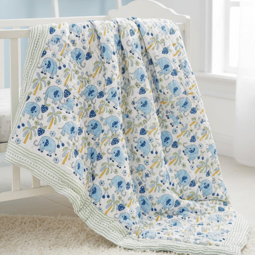 Blue Elephant Jungle Handblock Baby Comforter