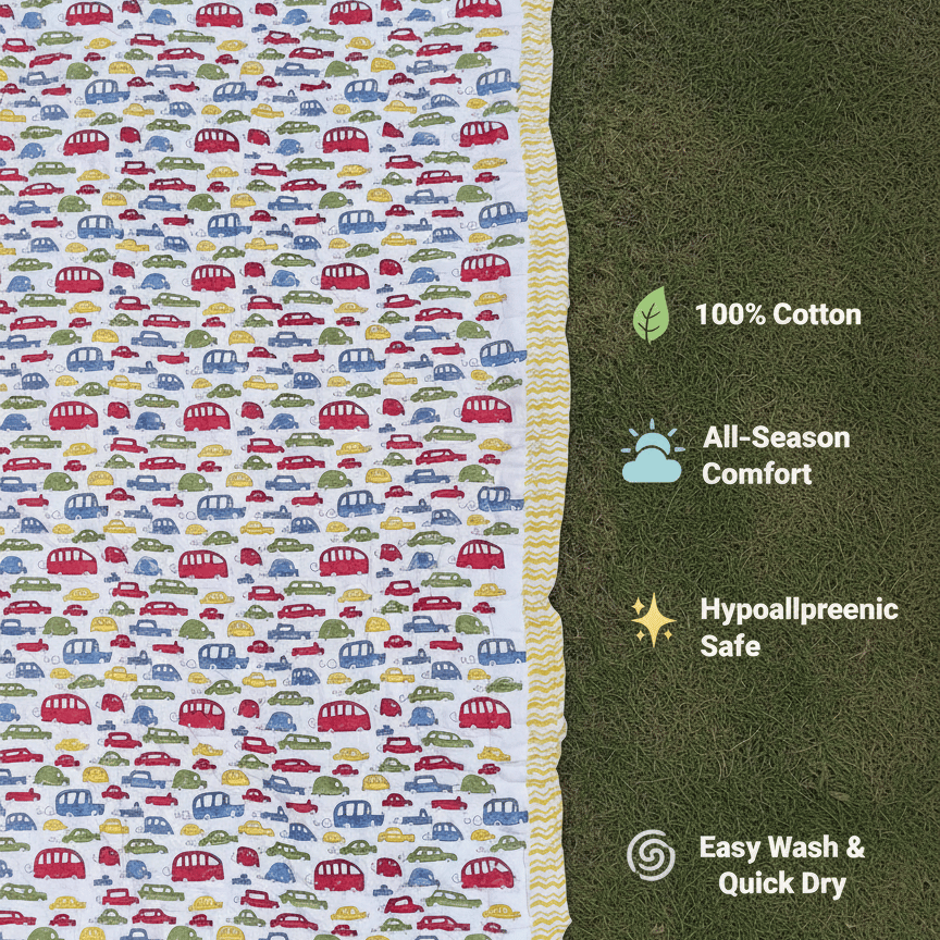 Multicolour Cars Handblock Baby Comforter 100% Cotton (0–5 Years) - Image 6