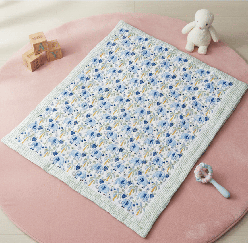 Blue Elephant Handblock Baby Comforter 100% Cotton (0–5 Years) - Image 4